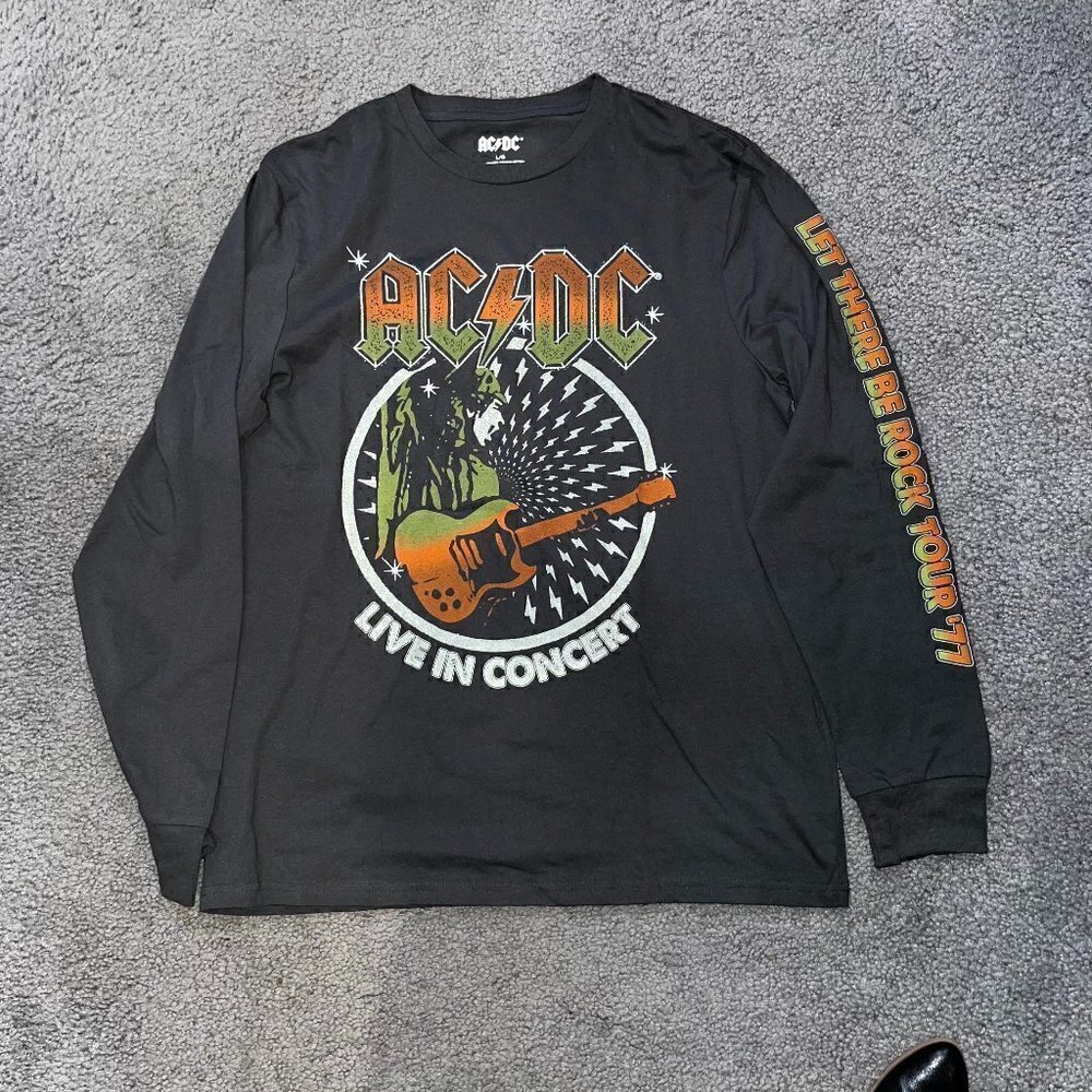 AC/DC Long Sleeve Tee Shirt T-Shirt - Reprint Let there Be Rock Tour '77 Black L